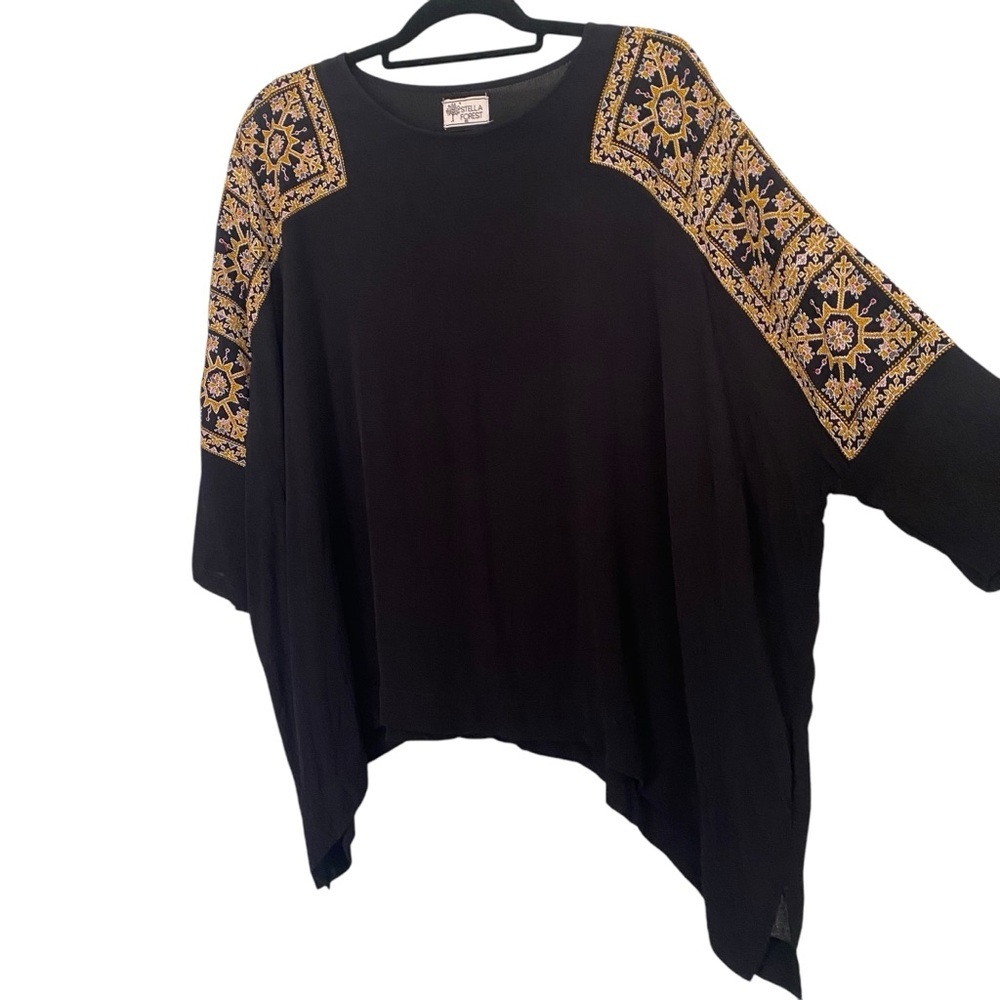 Stella Forest Womens Black Embroidered Blouse Shark Bite Hem Poncho EU Size 36 - Picture 3 of 10